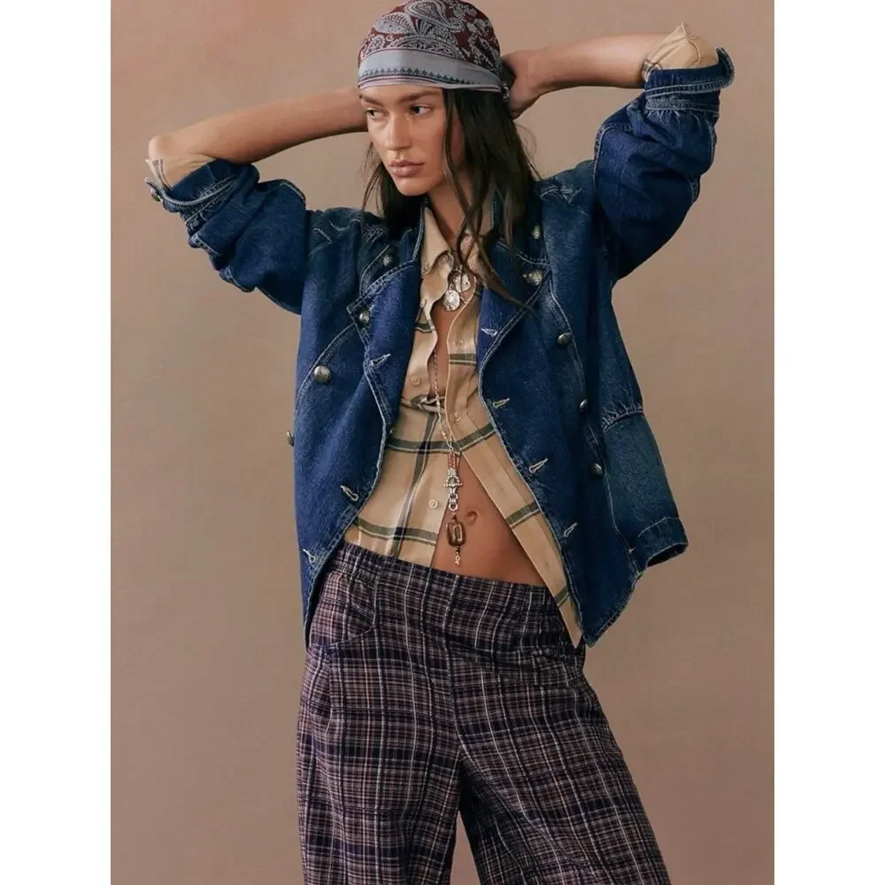 Free People Imogene Denim Officer Jacket in Ensign Wash Small Military Denim - Picture 4 of 16